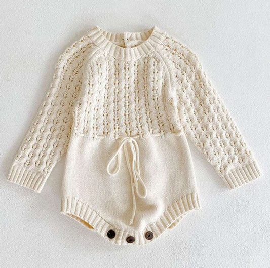 Baby Girl Knitted Dress with Hollow Waist & Girdle | Long Sleeves