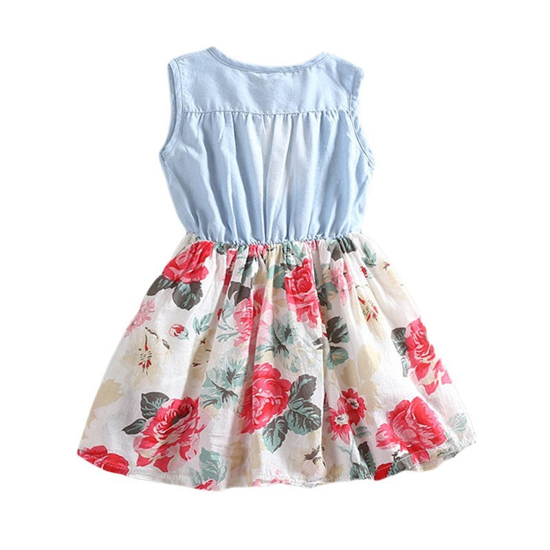 Summer Sleeveless Denim Floral Dress for Girls | Stylish Kids' Outfit