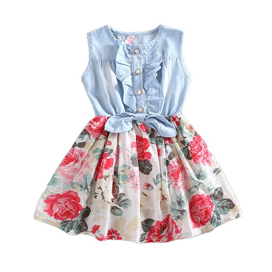 Summer Sleeveless Denim Floral Dress for Girls | Stylish Kids' Outfit