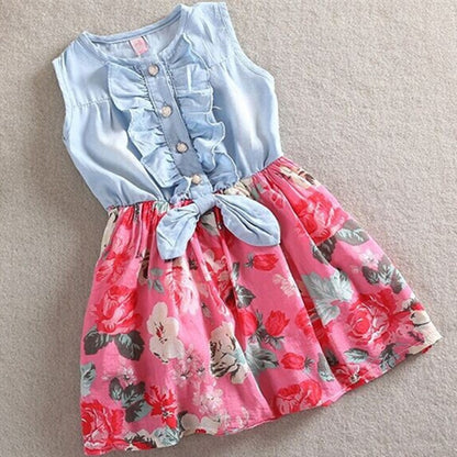 Summer Sleeveless Denim Floral Dress for Girls | Stylish Kids' Outfit