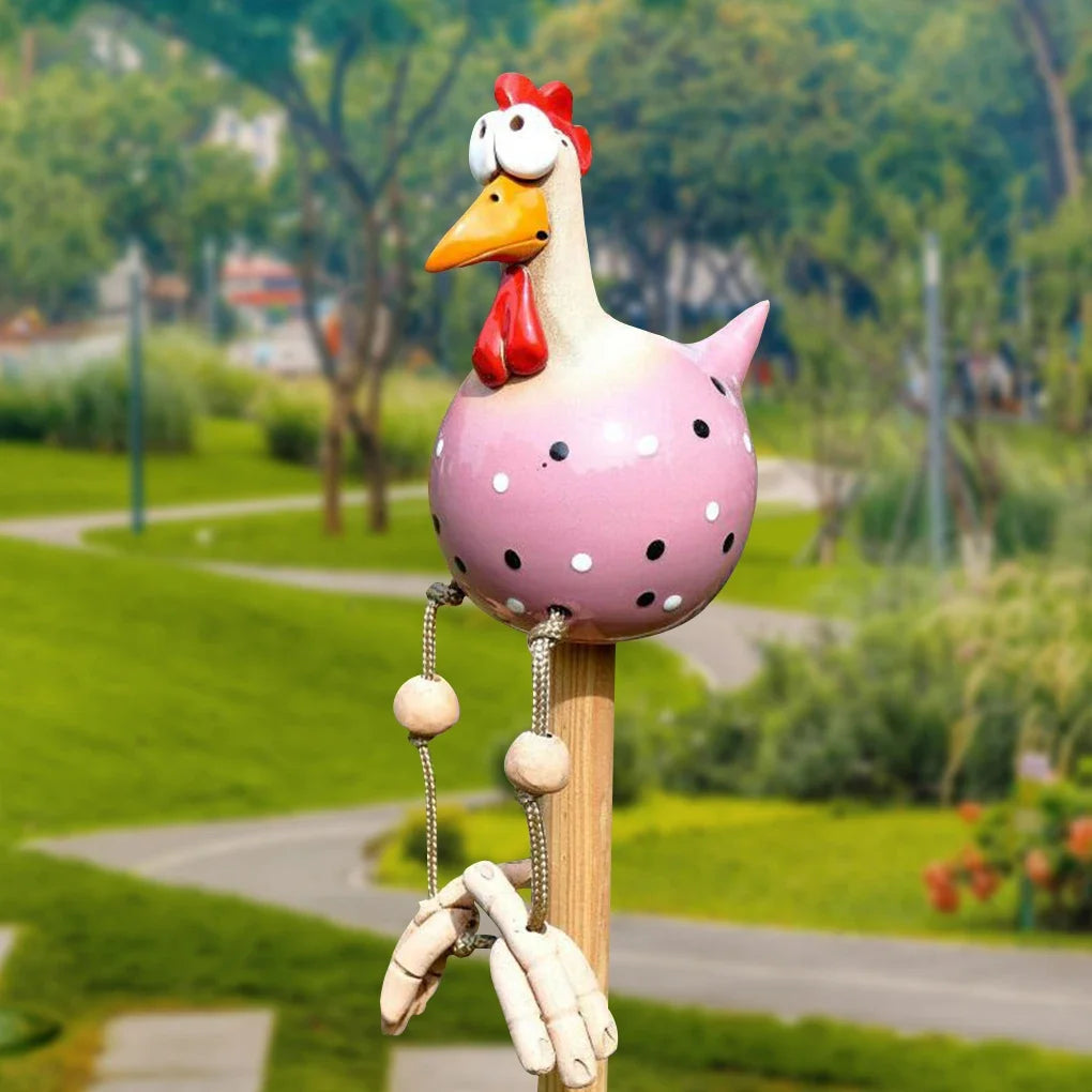 Resin Chicken Statue with Wooden Stakes | Garden Fence Art & Decor