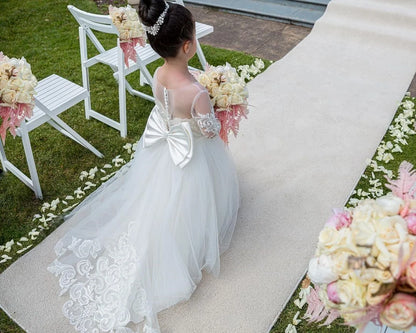 Long Sleeve Flower Girl Dress | Lace Tulle Wedding & Communion | White/Ivory