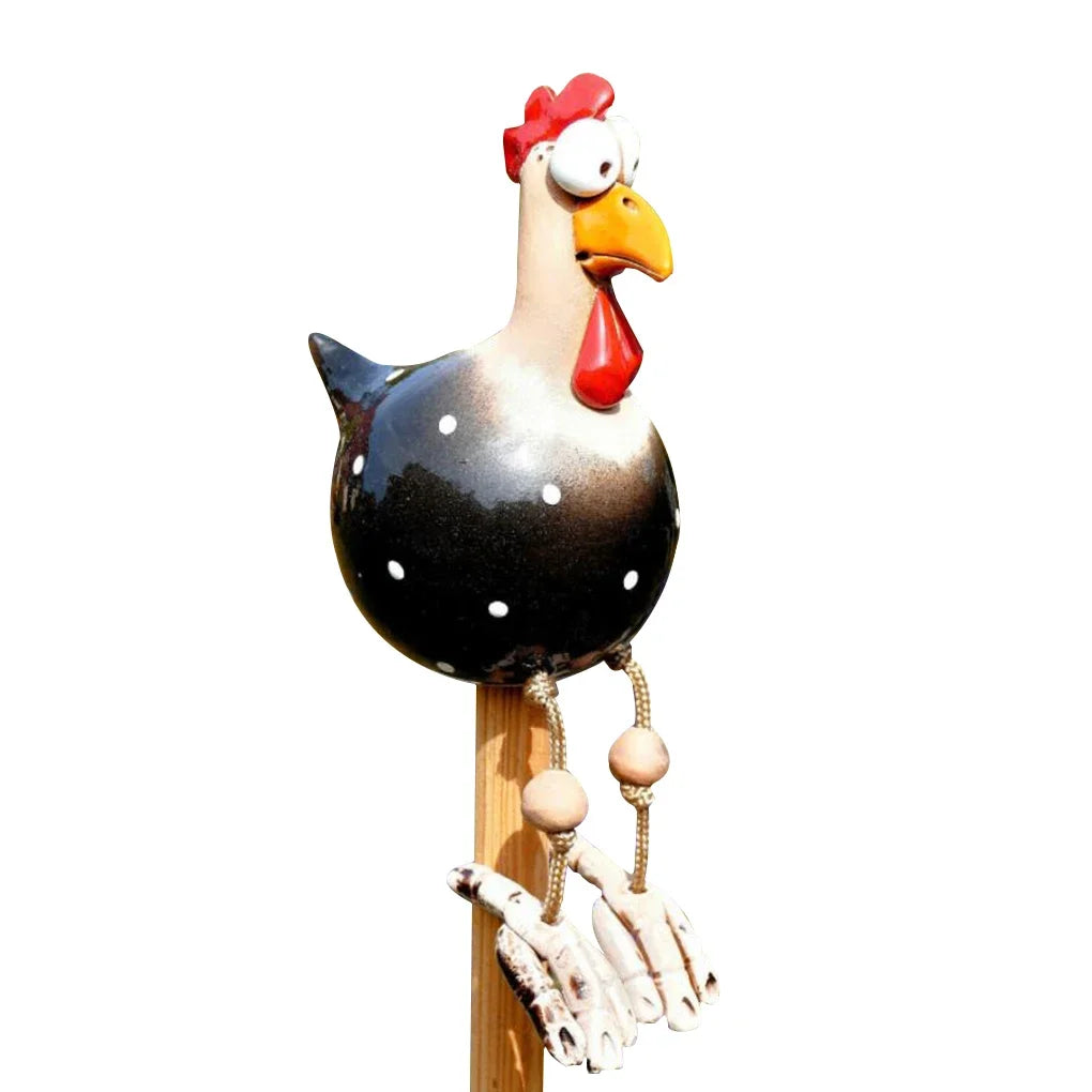 Resin Chicken Statue with Wooden Stakes | Garden Fence Art & Decor