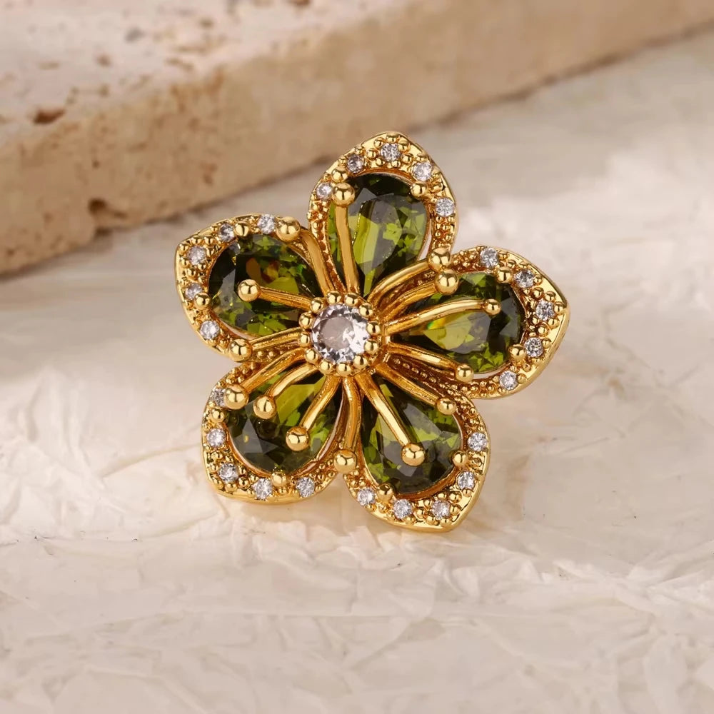 Exquisite Green Zircon Flower Ring | Gold Plated Snake Design Jewelry