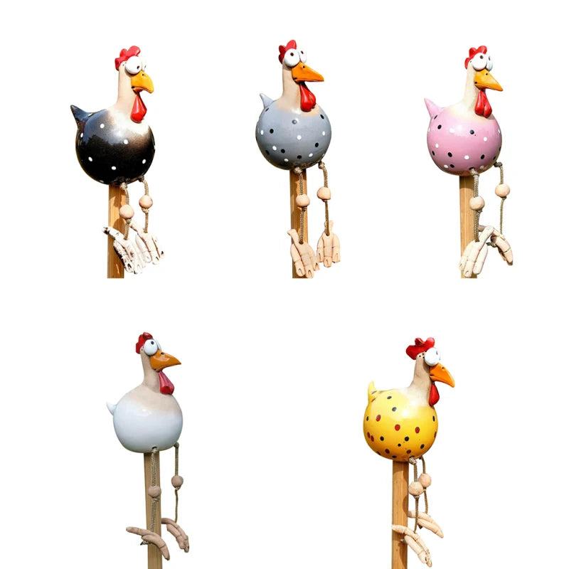 Resin Chicken Statue with Wooden Stakes | Garden Fence Art & Decor