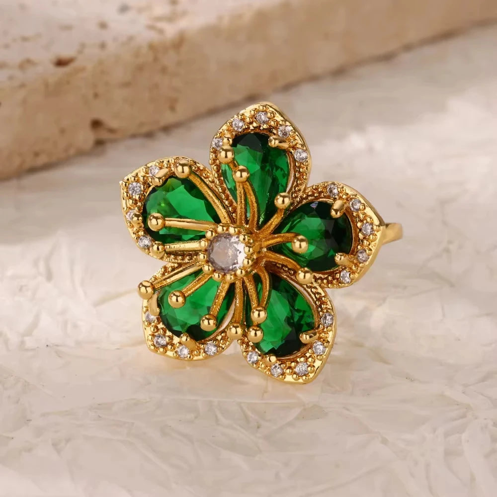 Exquisite Green Zircon Flower Ring | Gold Plated Snake Design Jewelry