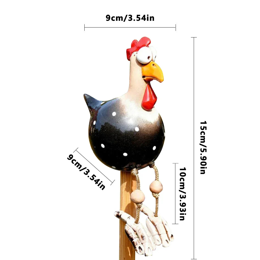 Resin Chicken Statue with Wooden Stakes | Garden Fence Art & Decor