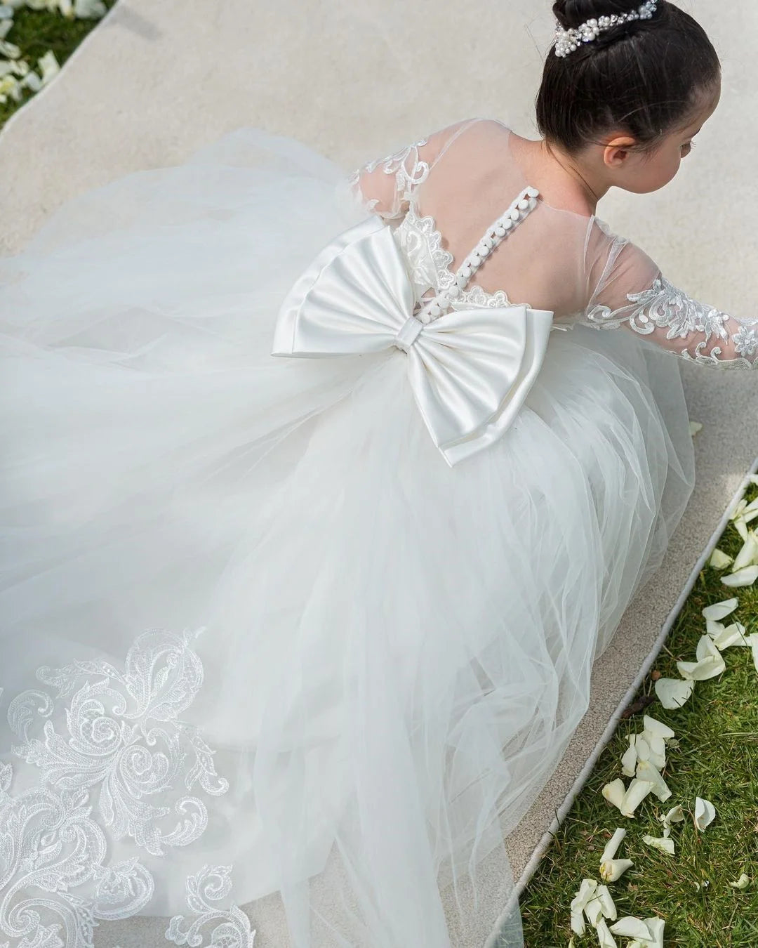 Long Sleeve Flower Girl Dress | Lace Tulle Wedding & Communion | White/Ivory