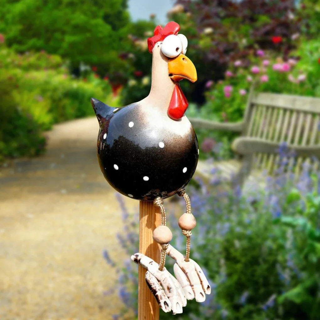 Resin Chicken Statue with Wooden Stakes | Garden Fence Art & Decor