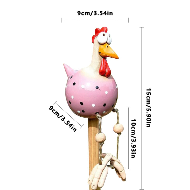 Resin Chicken Statue with Wooden Stakes | Garden Fence Art & Decor