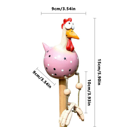 Resin Chicken Statue with Wooden Stakes | Garden Fence Art & Decor