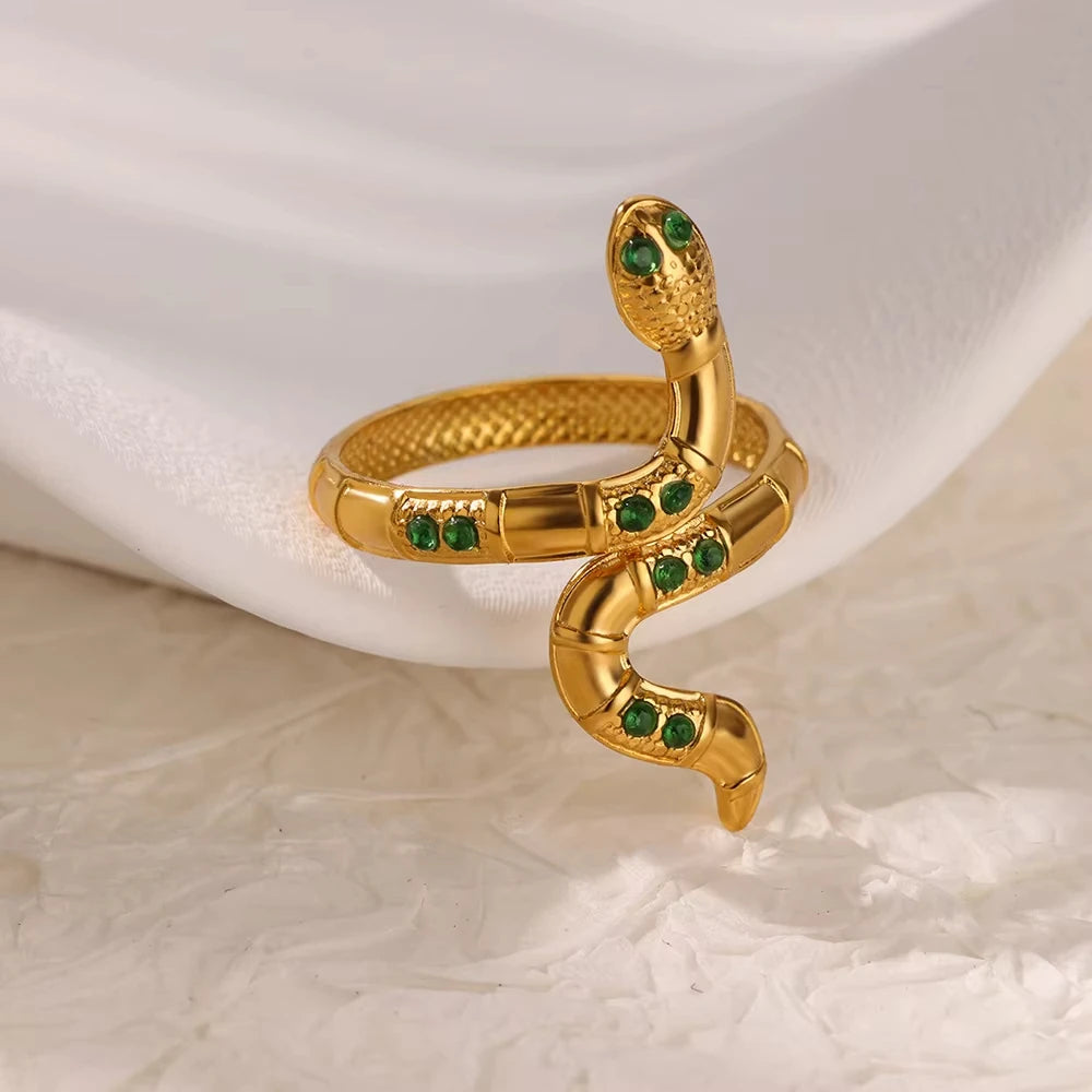 Exquisite Green Zircon Flower Ring | Gold Plated Snake Design Jewelry