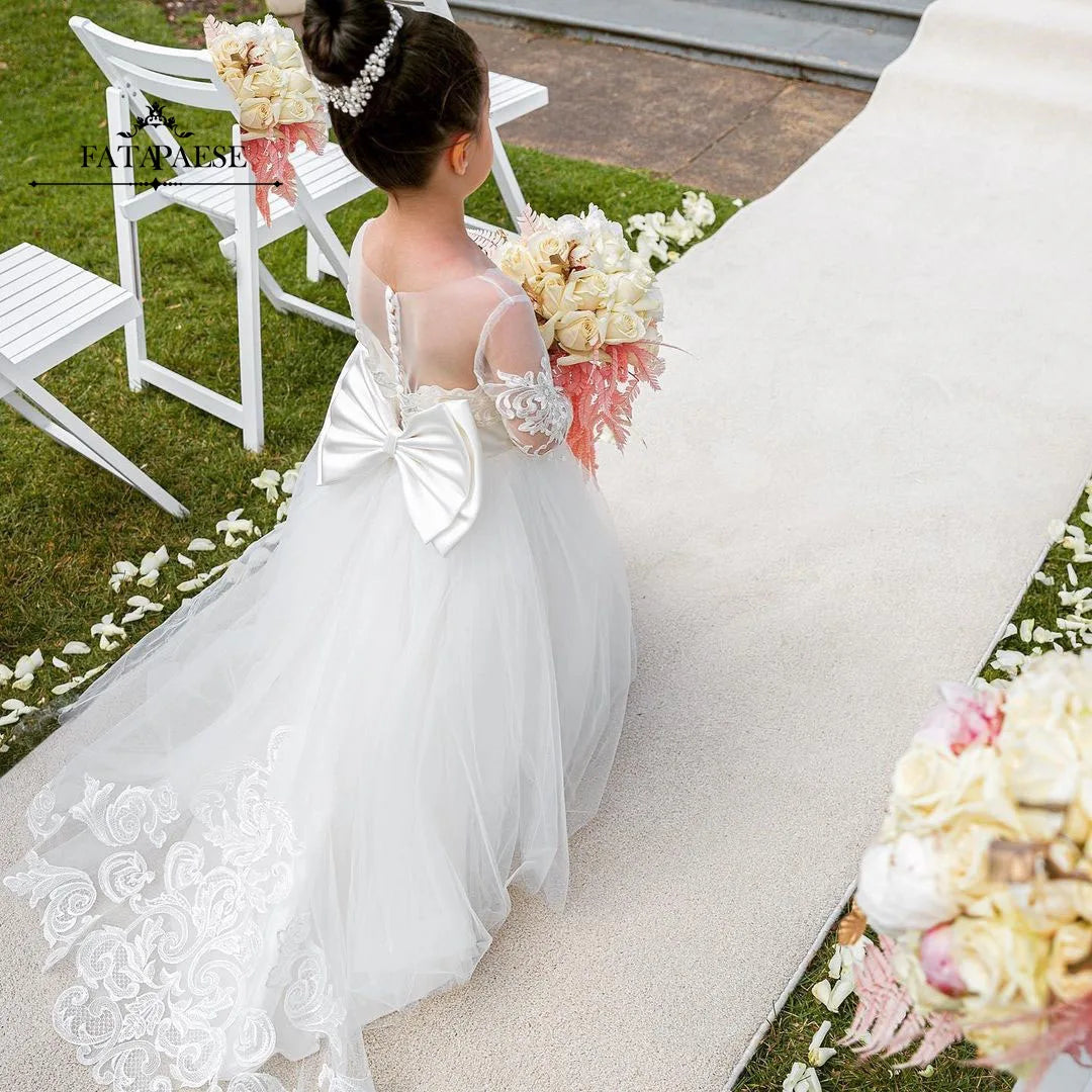 Long Sleeve Flower Girl Dress | Lace Tulle Wedding & Communion | White/Ivory