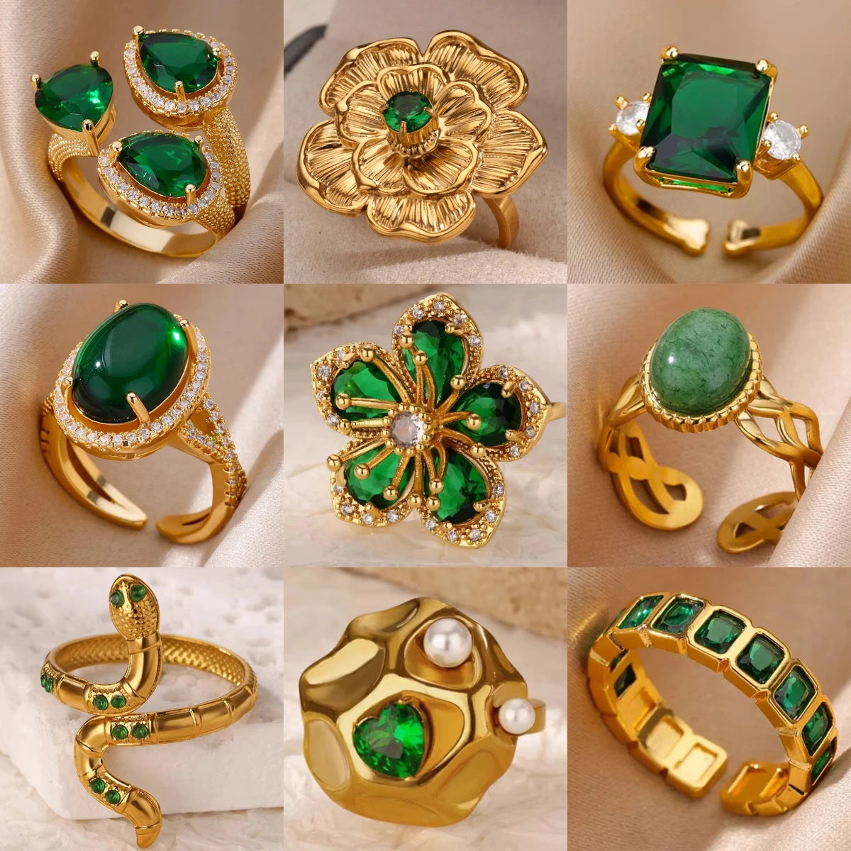 Exquisite Green Zircon Flower Ring | Gold Plated Snake Design Jewelry