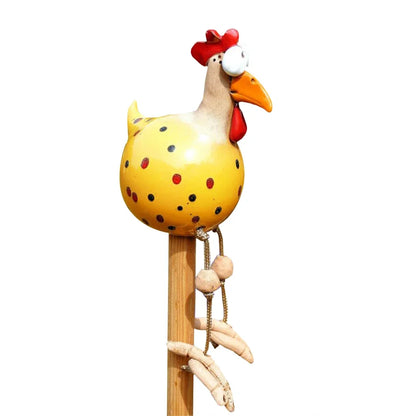 Resin Chicken Statue with Wooden Stakes | Garden Fence Art & Decor