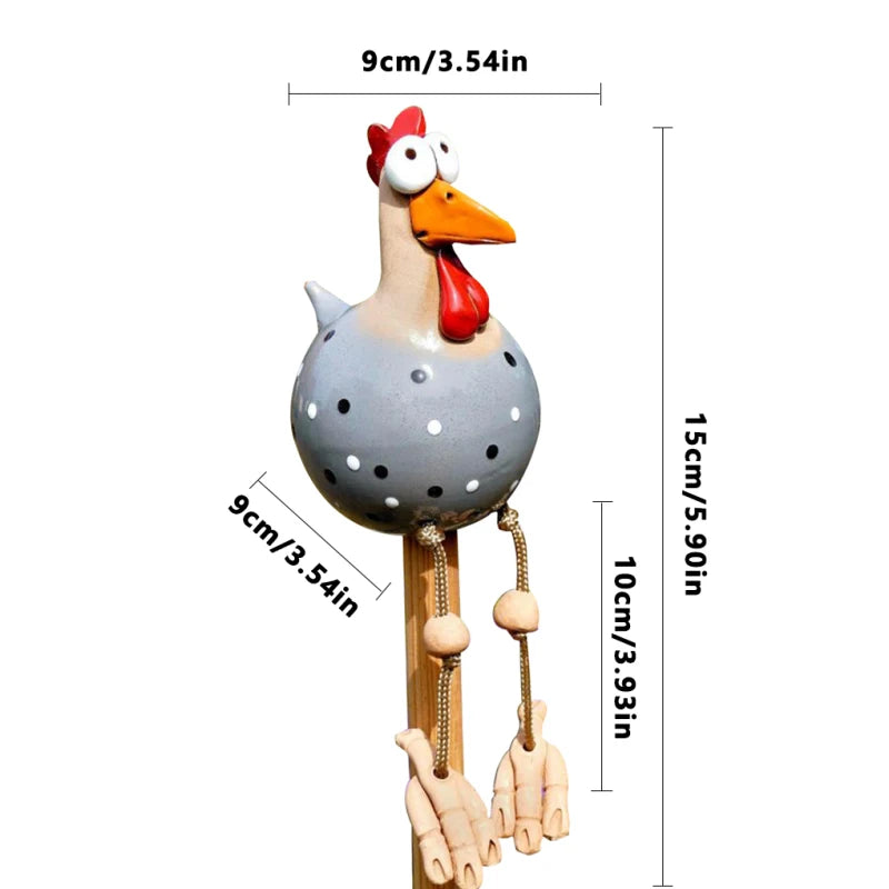 Resin Chicken Statue with Wooden Stakes | Garden Fence Art & Decor