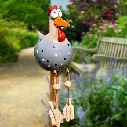 Resin Chicken Statue with Wooden Stakes | Garden Fence Art & Decor