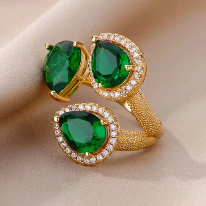 Exquisite Green Zircon Flower Ring | Gold Plated Snake Design Jewelry