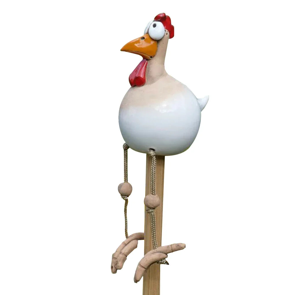 Resin Chicken Statue with Wooden Stakes | Garden Fence Art & Decor