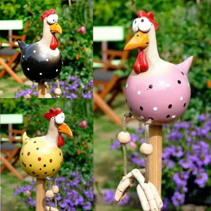 Resin Chicken Statue with Wooden Stakes | Garden Fence Art & Decor