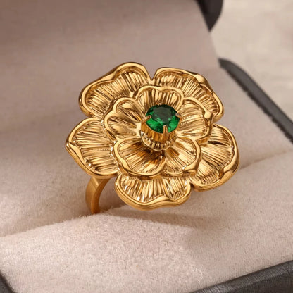 Exquisite Green Zircon Flower Ring | Gold Plated Snake Design Jewelry