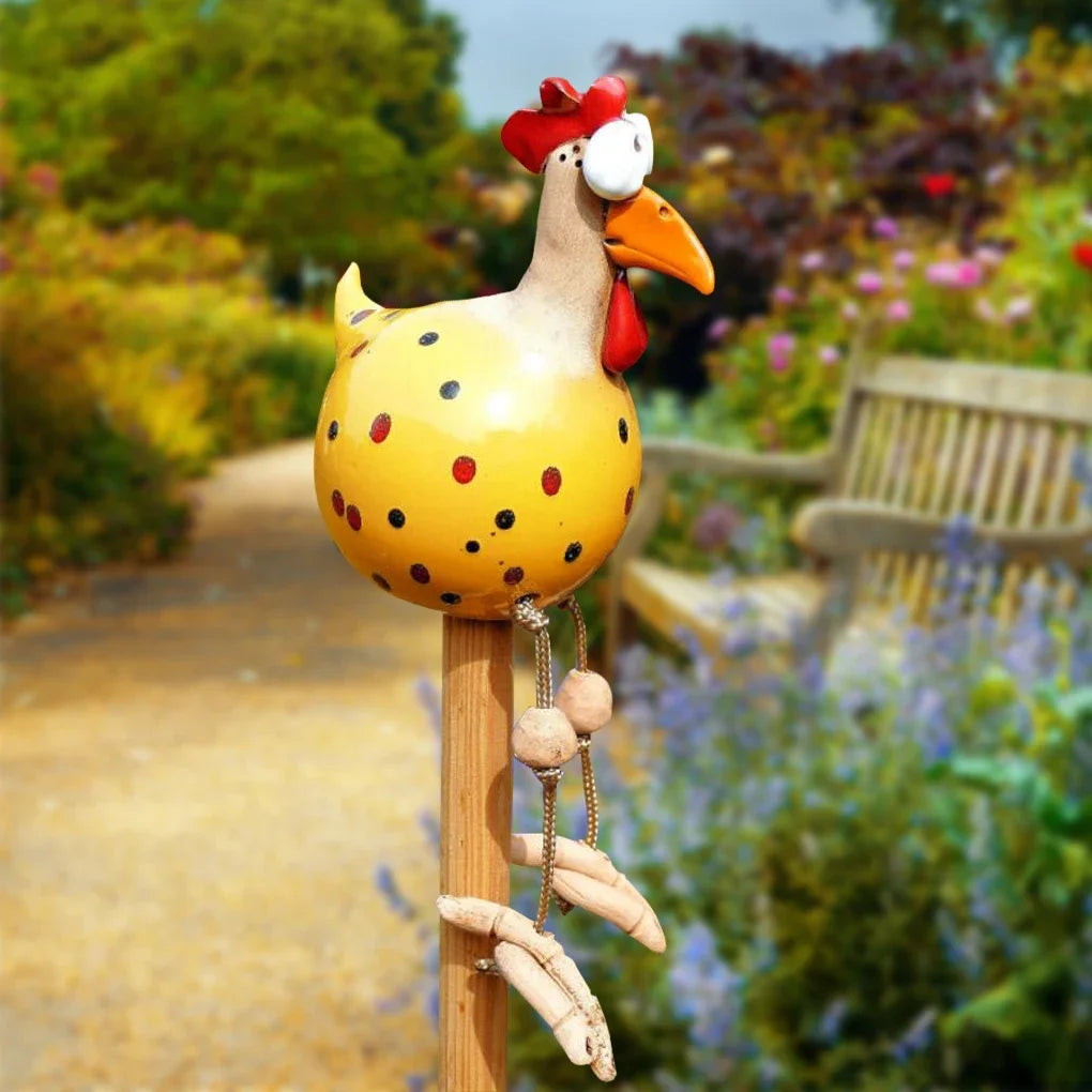 Resin Chicken Statue with Wooden Stakes | Garden Fence Art & Decor