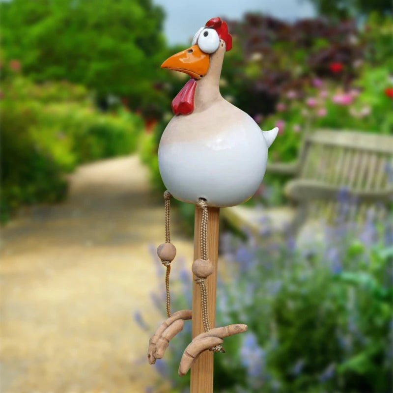 Resin Chicken Statue with Wooden Stakes | Garden Fence Art & Decor