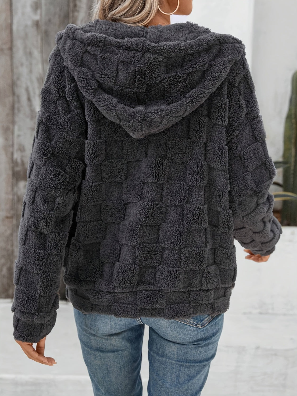 Checkered Texture Zip Up Drawstring Fuzzy Jacket