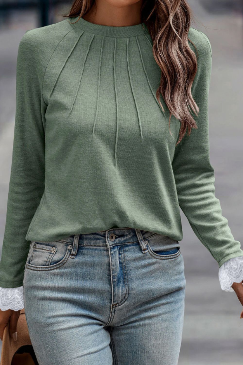 Lace Detail Round Neck Long Sleeve T-Shirt